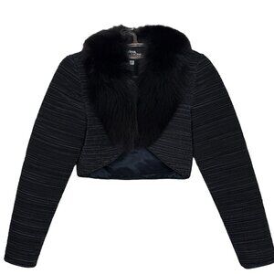 Vtg Lorina LaZinni Textured Faux Fur Collar Cropped Evening Jacket Black Size 2